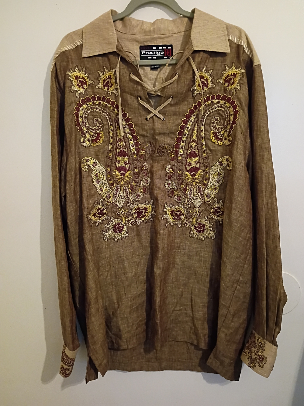Prestige Embroidered Brown And Tan Paisley Long-Sleeve Linen Shirt Sz L‎